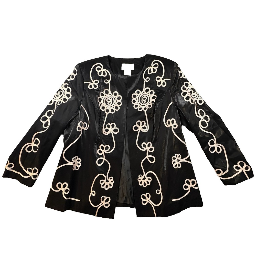 Corinthians Women's Plus 20W Black Soutache Embroidered Open Front Jacket Blazer